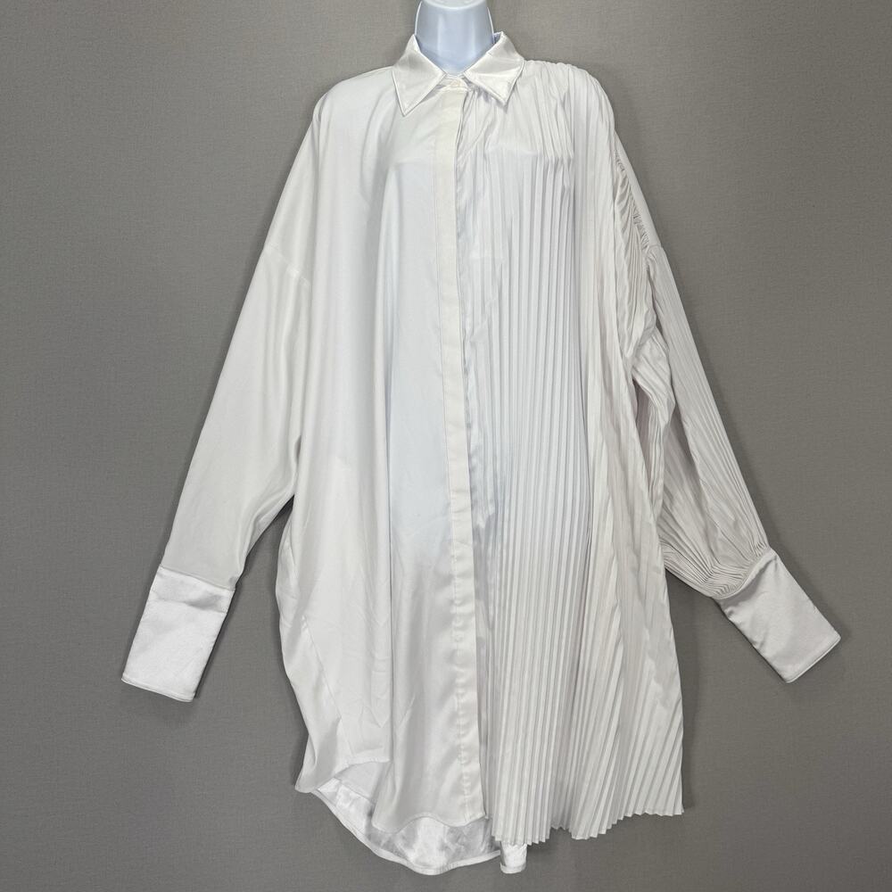 Kimberly Goldson Shirt Dress Womens L White Accordion Pleat Oversized Lagenlook